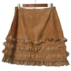 5/48 Saks 5th Ave Suede Tan Lace Trim Leather Mini Skirt •Women 10• Ruffles Tan
